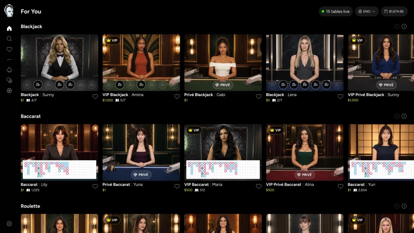 The Sentient Studios lobby — Blackjack, Baccarat and Roulette tables, each showing its dealer, its stake from $1, and how many seats are free
