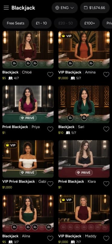 The same lobby on a phone, filtered to Blackjack