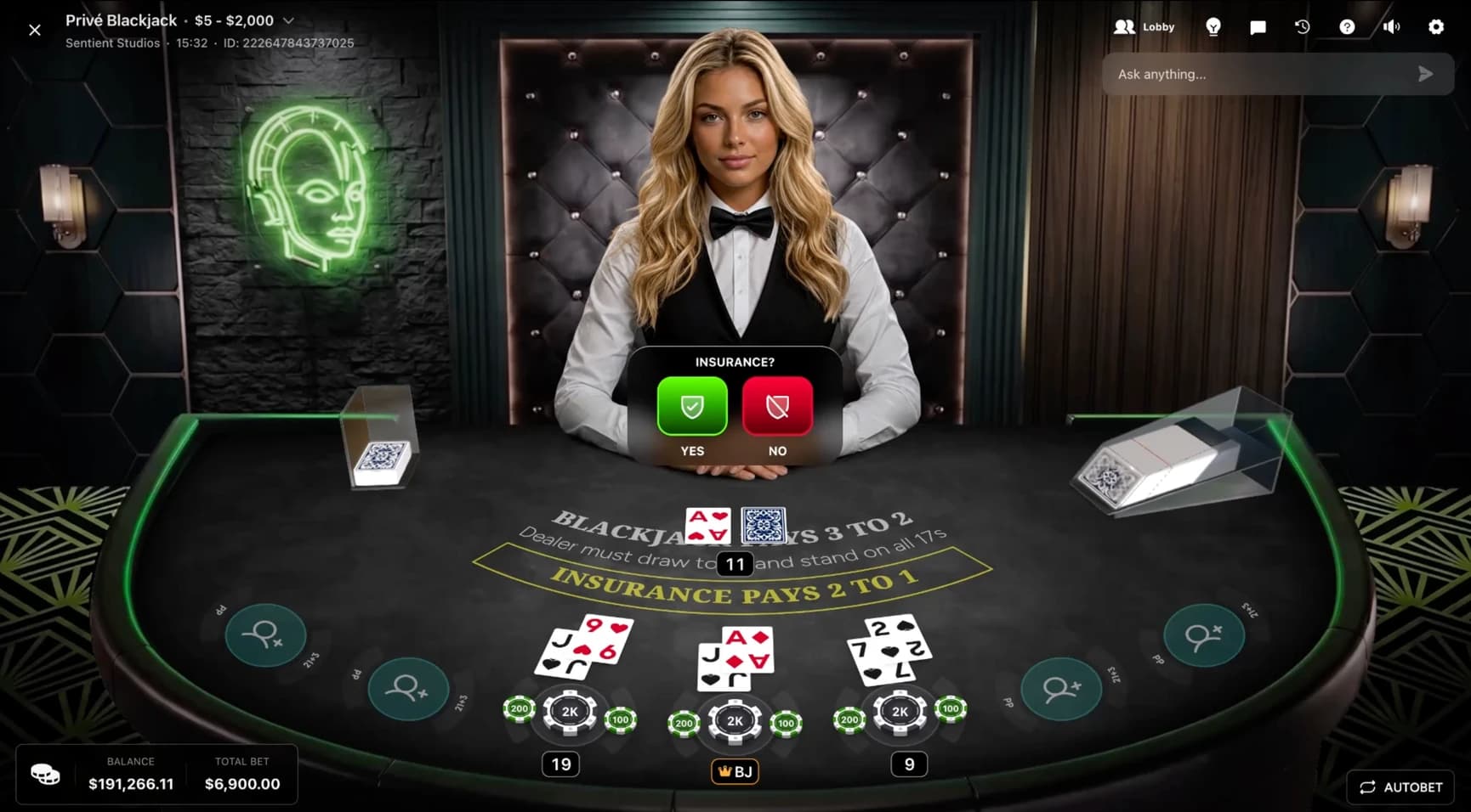 A Sentient Studios AI dealer running a Privé Blackjack table